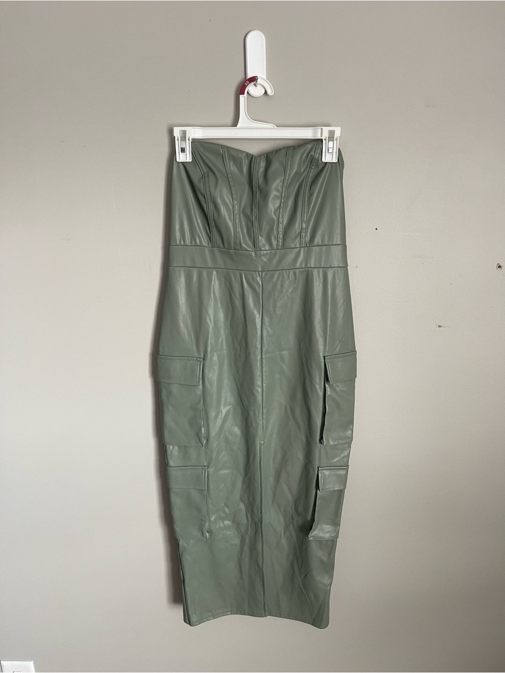 FASHION NOVA Sage Green Strapless Faux Leather Cargo Midi Dress Sz L